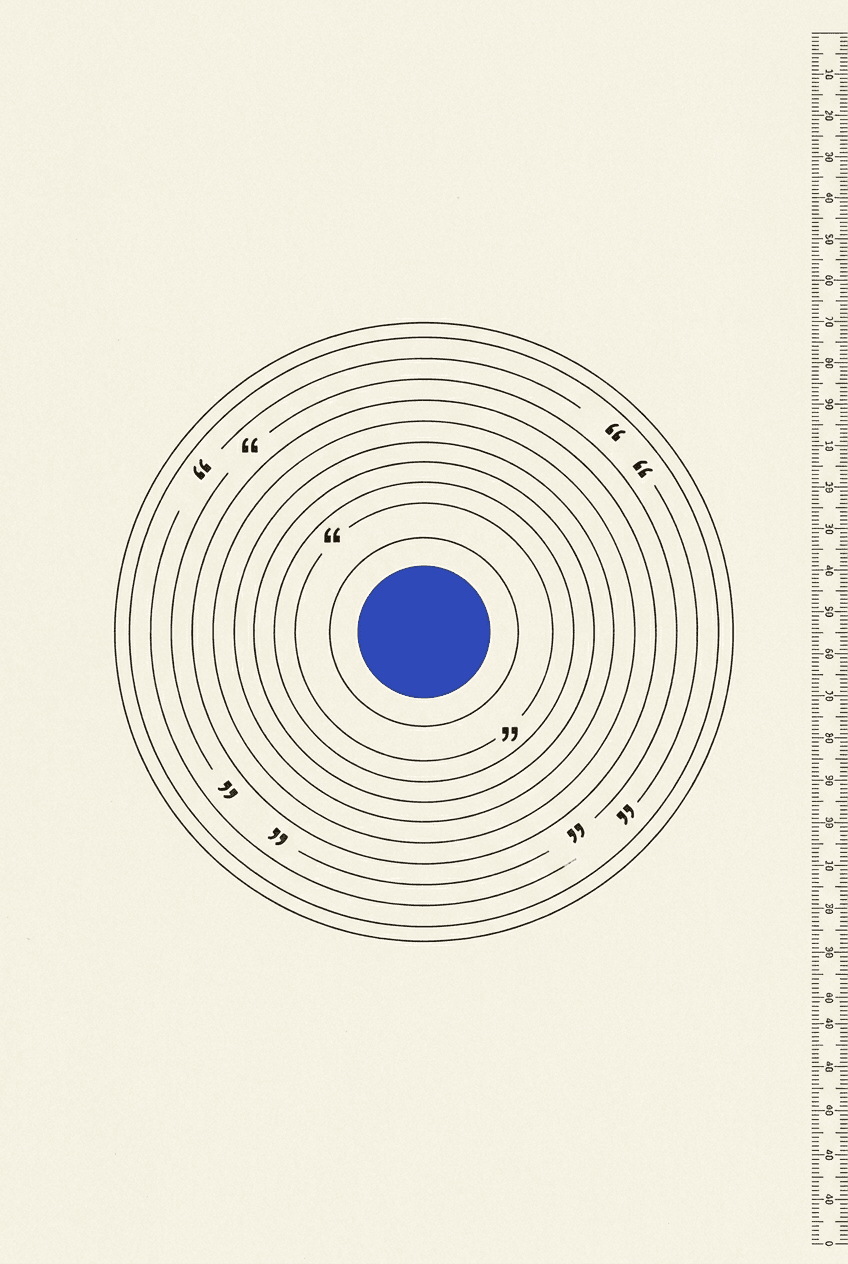 Concentric rings radiating from a solid cobalt dot, with quotation marks scattered along the outer rings like citations being picked up at a distance.
